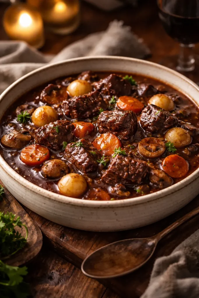 Beef bourguignon in rustic bowl with onions and carrots