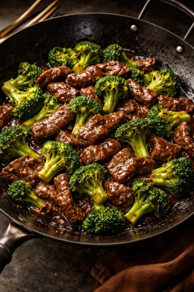 Beef and broccoli stir-fry with glossy sauce and crisp broccoli