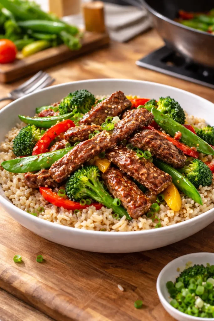 Close-up of beef and brown rice stir-fry with broccoli and peppers