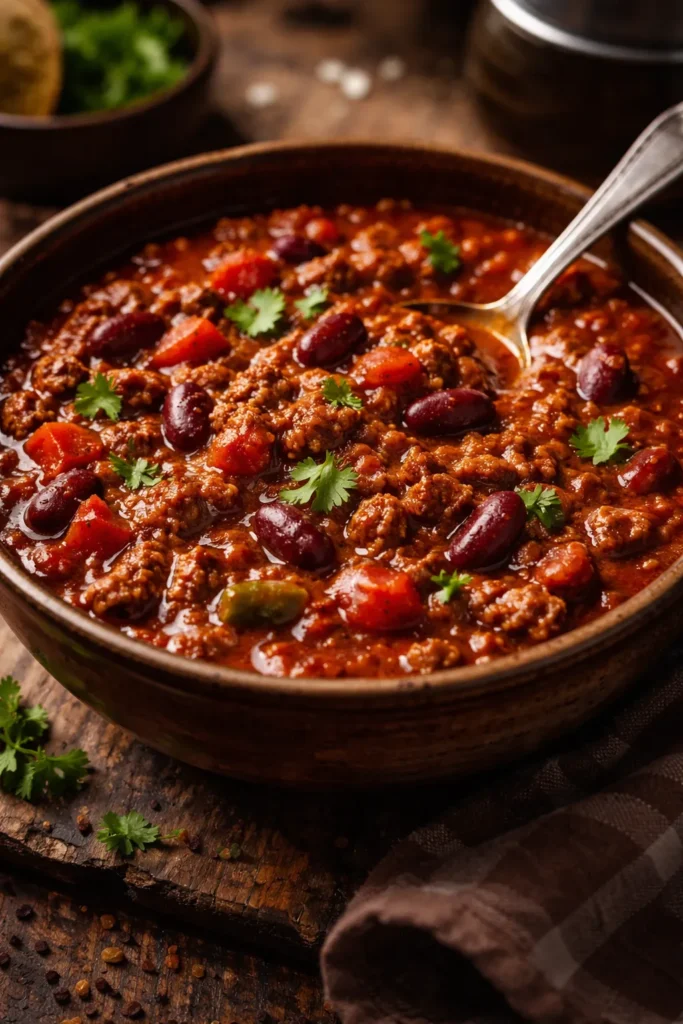 Hearty chili con carne with beef and beans in a thick sauce
