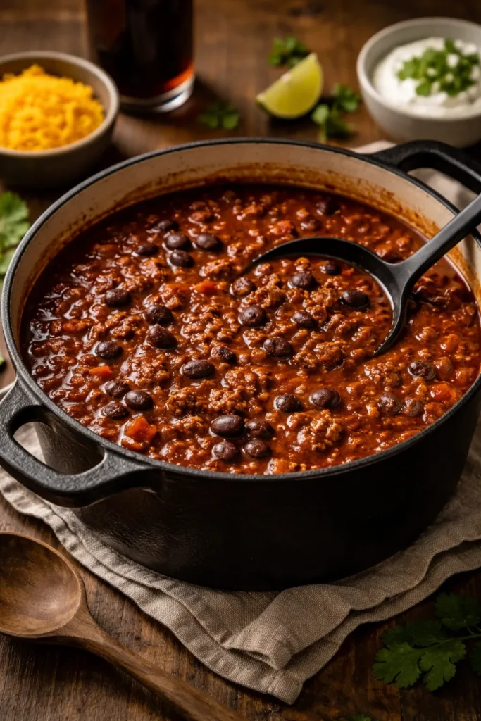 8 Make-Ahead Dinners Ready When You Are 1 Close-up of Classic Beef Chili With Dark Beer and Black Beans in a rustic cast-iron Dutch oven