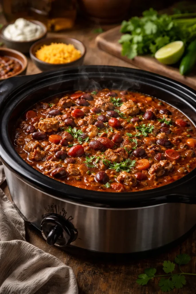 10 Easy Dinner Recipes for a Big Crowd 10 Hearty beef and bean chili with steam rising from a pot