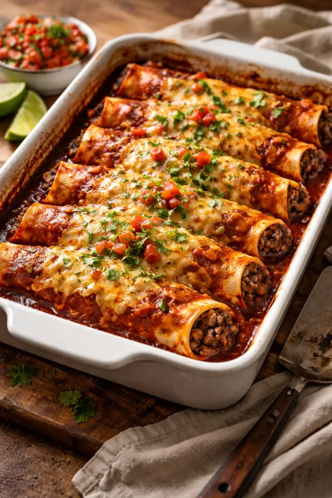 Beef enchiladas in a baking dish covered with red chile sauce.