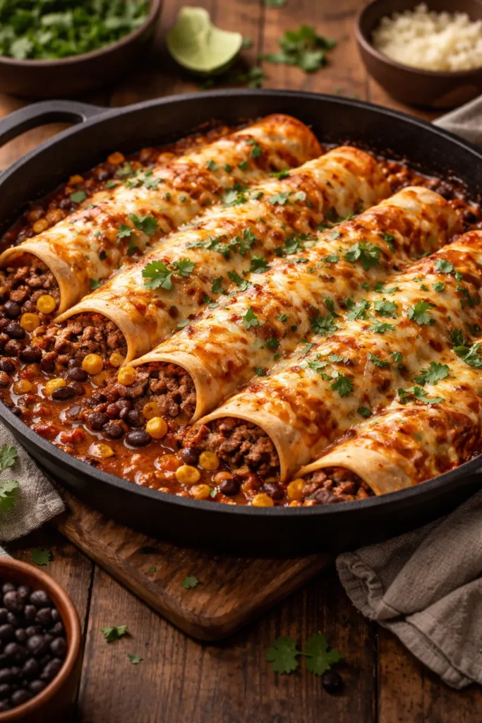 Close-up of beef skillet enchiladas in a pan with melted cheese
