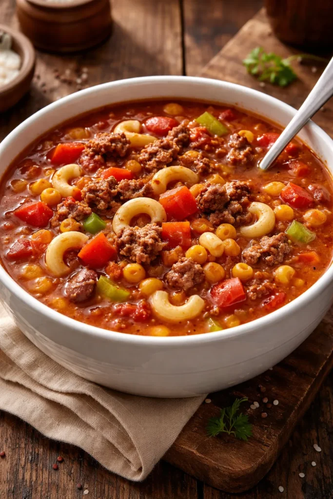 Beef and macaroni soup in a bowl