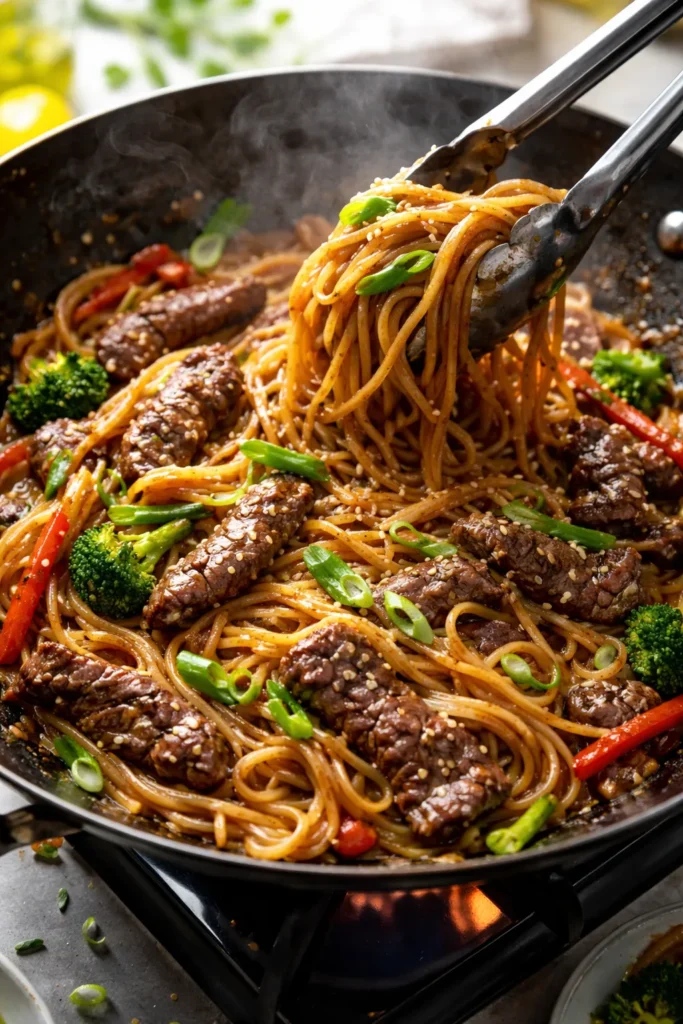 Beef stir fry noodles with sesame and scallions in wok