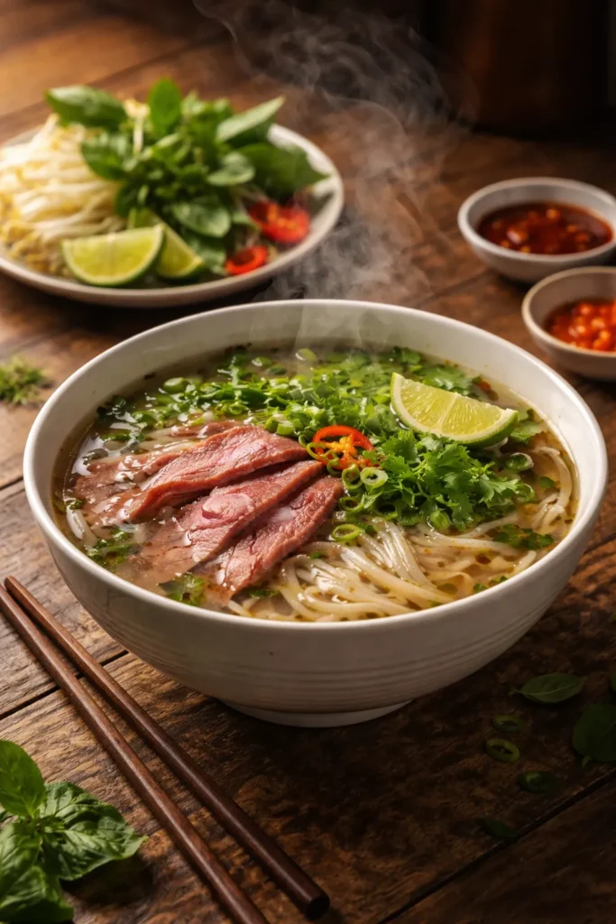 Steaming bowl of beef pho with beef slices and herbs in a ceramic bowl.
