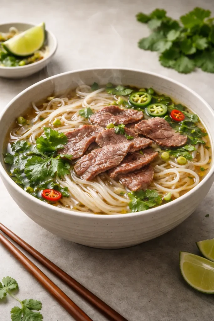 Beef pho in a bowl with clear broth and thin slices of beef