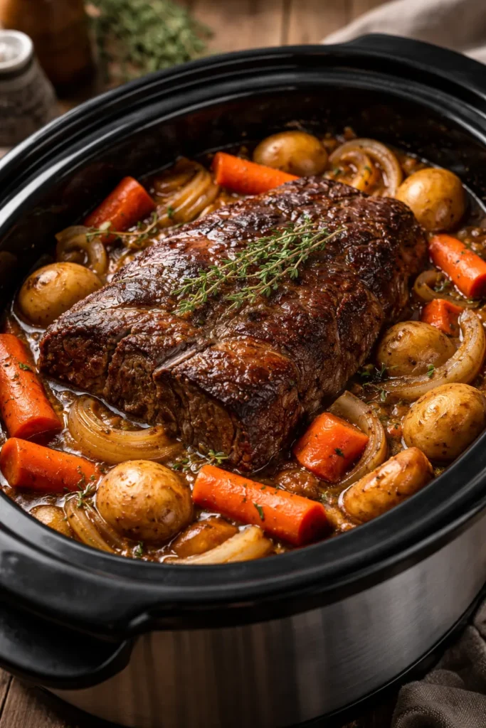 Close-up of Classic Beef and Vegetable Pot Roast with carrots and potatoes
