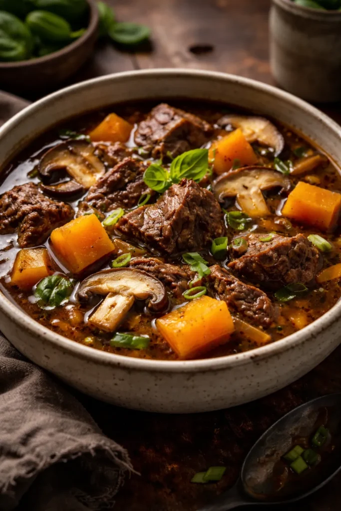 Hearty beef and pumpkin soup with shiitake mushrooms in a dark ceramic bowl