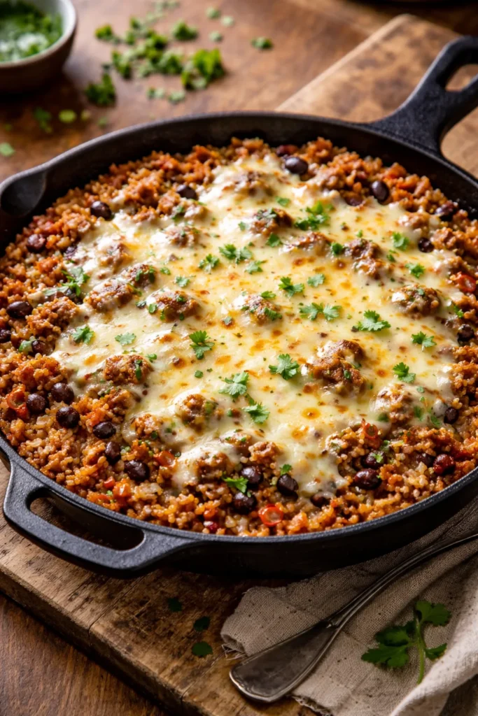 One-pan beef and rice skillet with melted pepper jack cheese