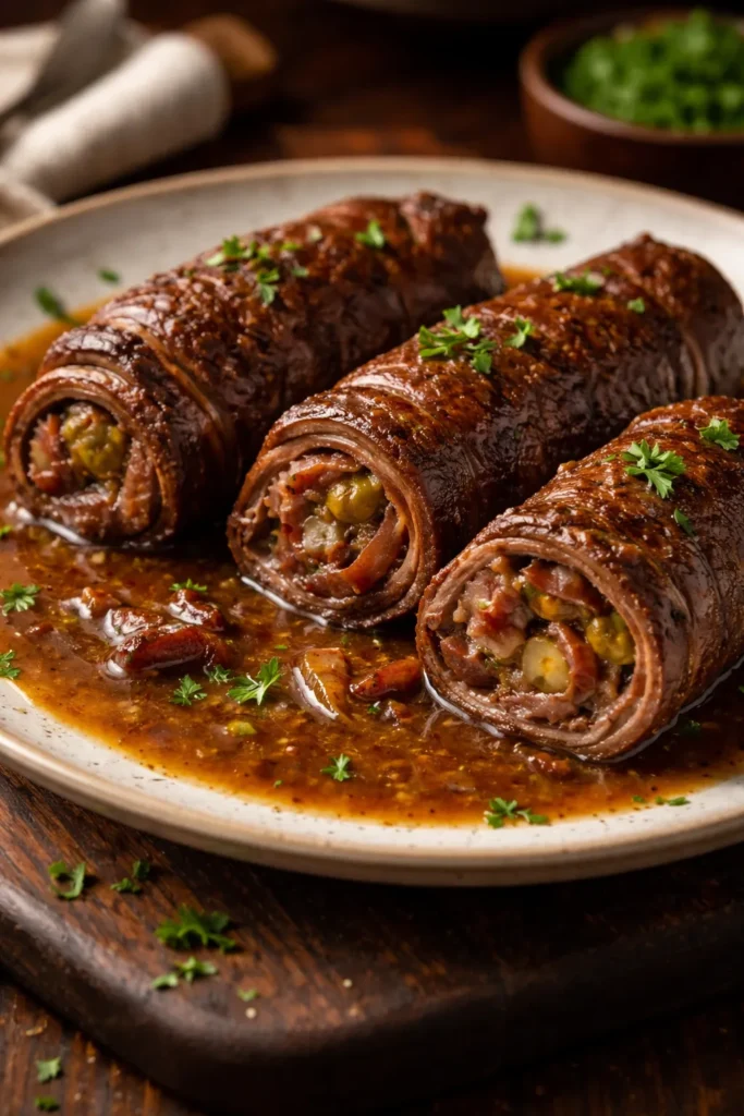 10 Easy German Recipes for a Cozy Dinner 5 Beef rouladen rolls with gravy on plate