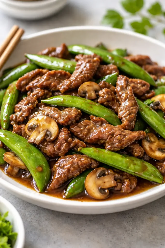 Beef and snap peas stir fry with oyster sauce on plate
