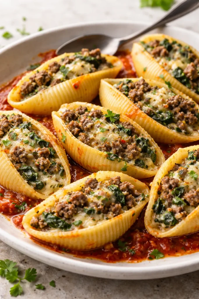 10 Stuffed Pasta Shell Recipes for Dinner 5 Shells filled with beef and spinach filling on plate