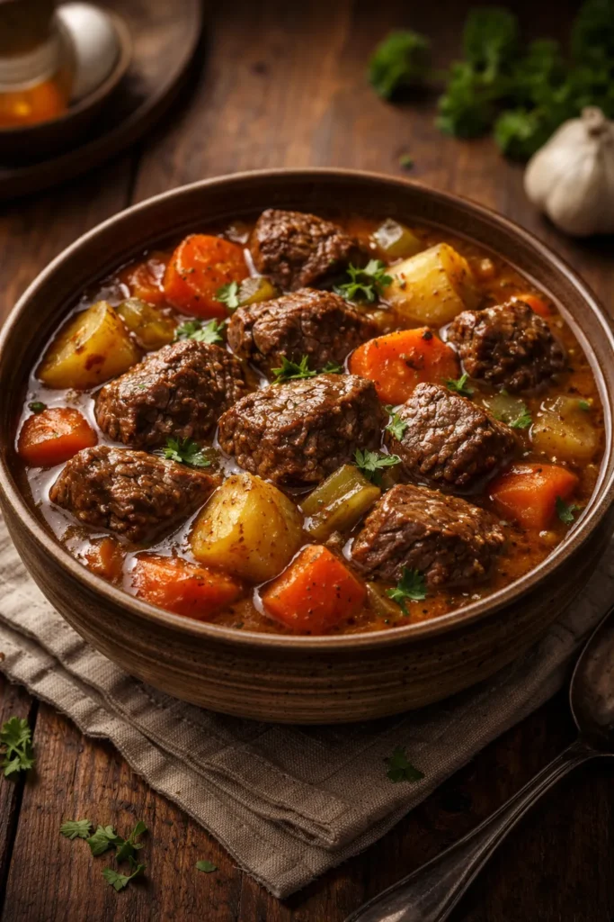 Bowled beef stew with carrots and potatoes