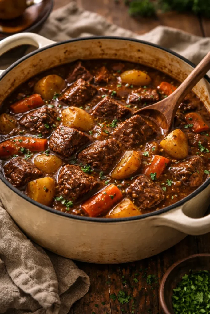 8 Comfort Food Recipes for a Cozy Night In 7 Beef stew with chunky meat and vegetables in a cast-iron pot