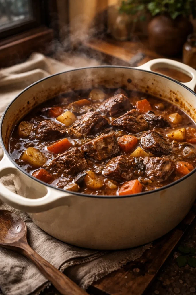 8 Rainy Day Recipes for Cozy Comfort 3 Beef stew with large tender chunks in a Dutch oven