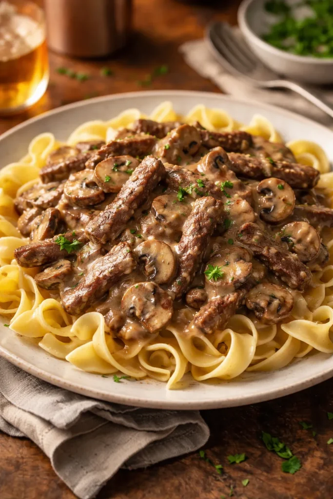 8 Comfort Food Recipes for a Cozy Night In 4 Beef stroganoff over egg noodles with mushrooms and creamy sauce