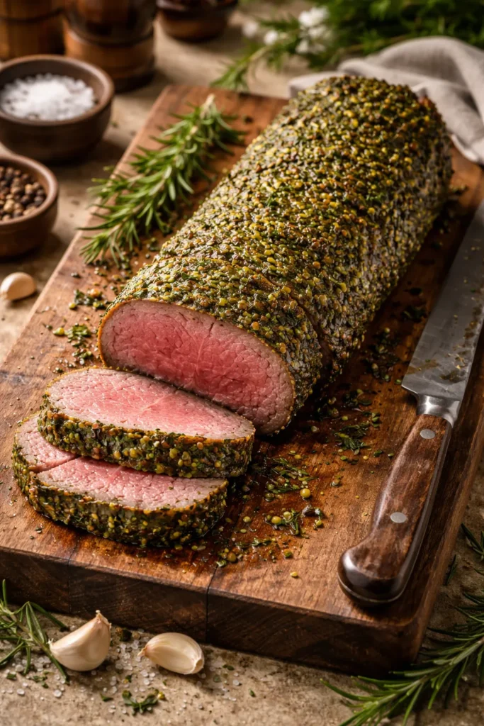 Herb crusted beef tenderloin on wooden board