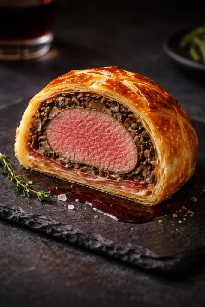 Beef Wellington slice on dark plate