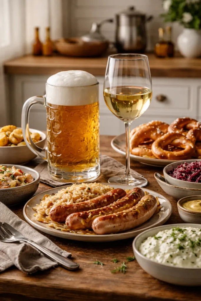 10 Easy German Recipes for a Cozy Dinner 11 Beer stein and wine glass on table for pairing