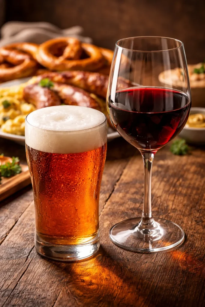 8 Bratwurst and Spaetzle Recipes for Dinner 12 Beer and wine glasses on a wooden table for pairing.
