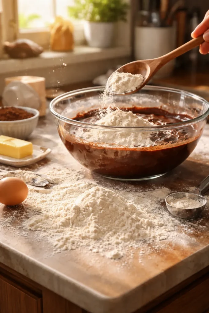 Easiest One Bowl Chocolate Cake For Beginners 7 Close-up of flour spill with wooden spoon over mixing bowl in warm kitchen