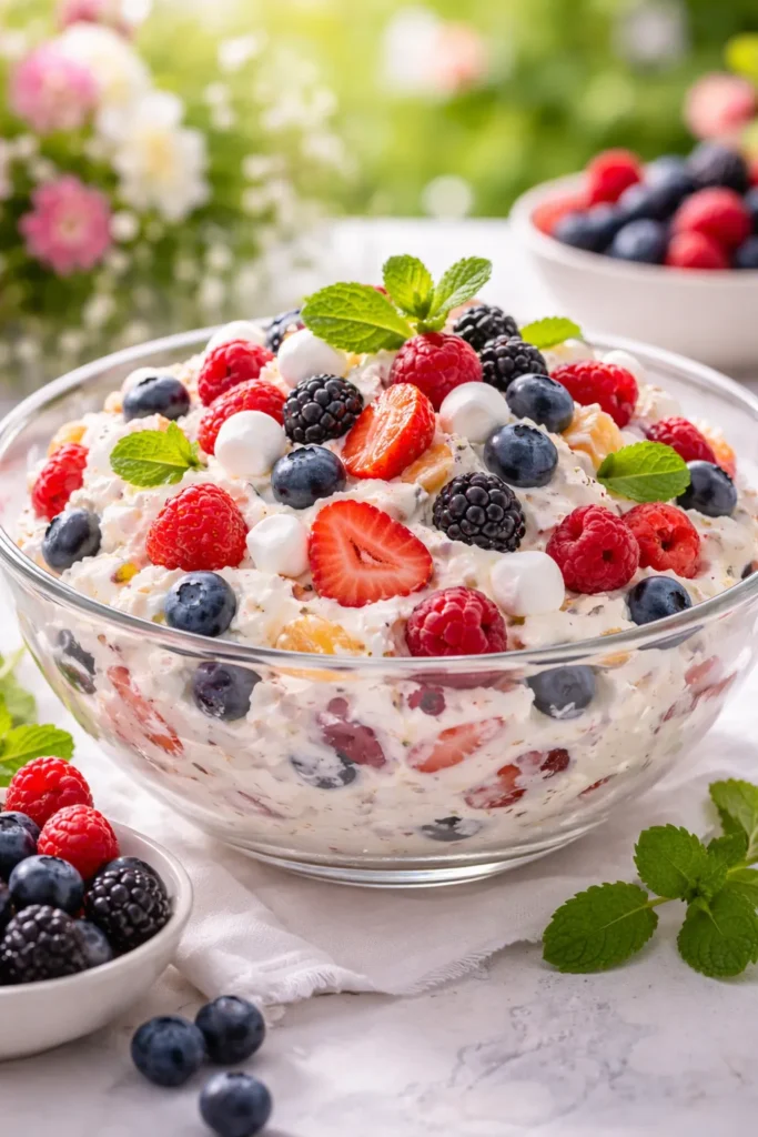 8 Ambrosia Salad Recipes for Potlucks 4 Berry ambrosia salad with strawberries, blueberries, and raspberries in cream