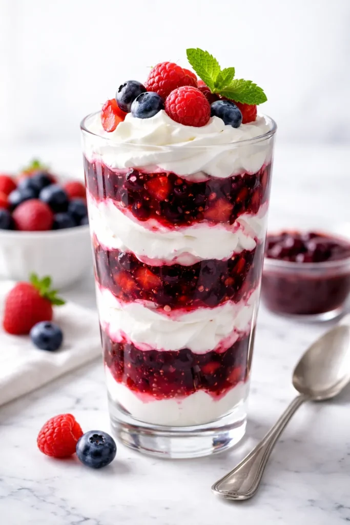 Parfait glass with whipped cream and berry sauce layers