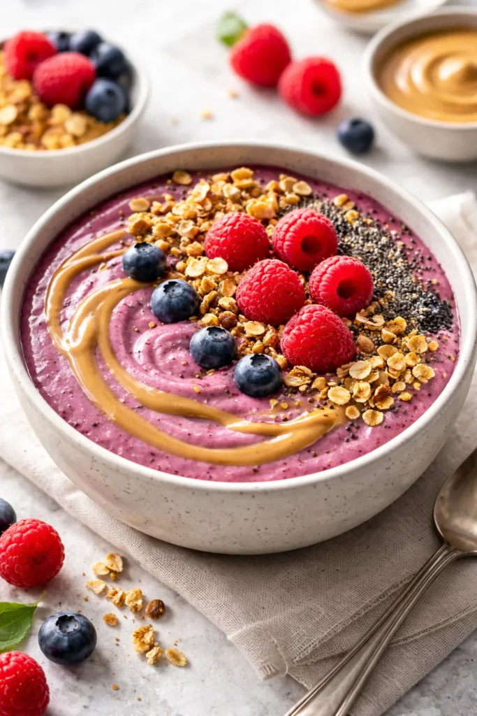 8 High Protein Smoothie Bowl Recipes 1 Classic berry protein smoothie bowl topped with fresh raspberries, granola, chia seeds, and a peanut butter drizzle.