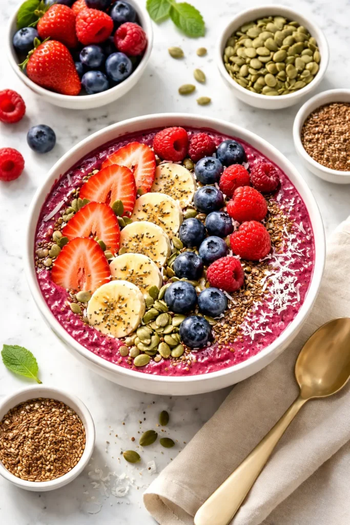 10 Clean Eating Recipes for the Whole Week 12 Triple berry smoothie bowl with seeds and fruit toppings