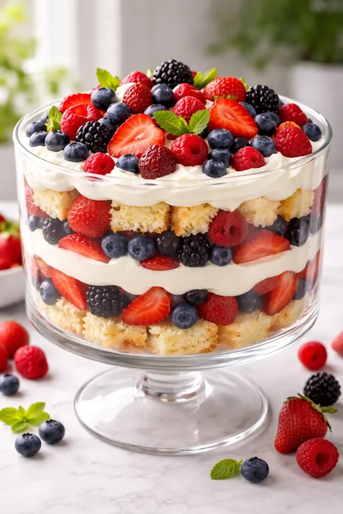 15 Crowd-Pleasing Desserts for Summer BBQs 12 Berry trifle showing layered cake, berries, and cream in a glass bowl