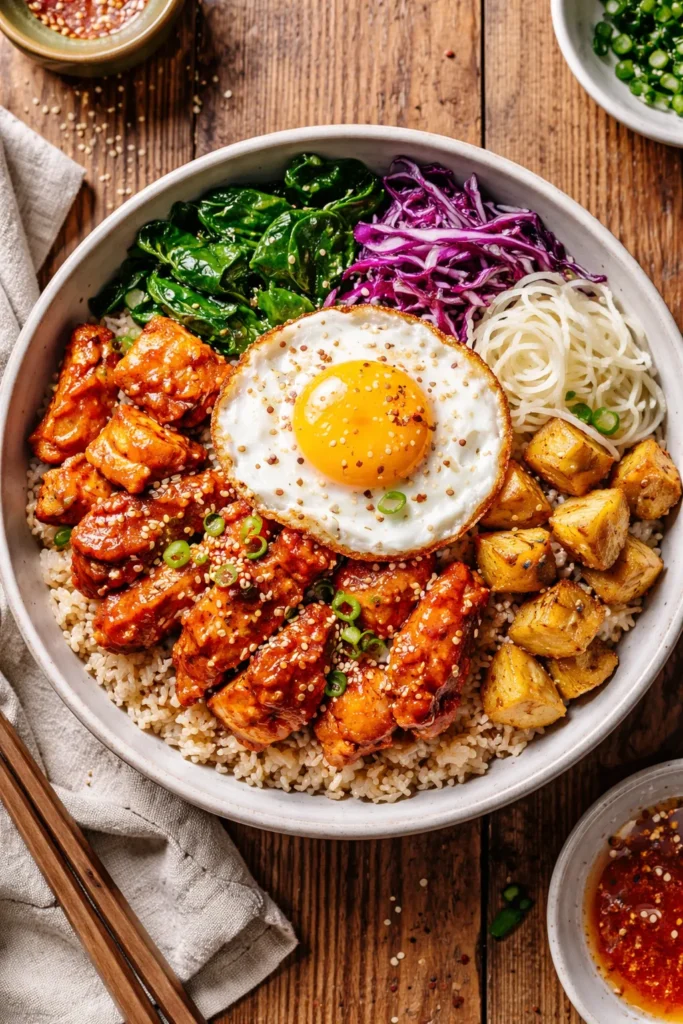 8 Protein Bowl Recipes to Eat After the Gym 3 Top-down bibimbap-style bowl with gochujang chicken, rice, greens, kimchi, potatoes, and egg