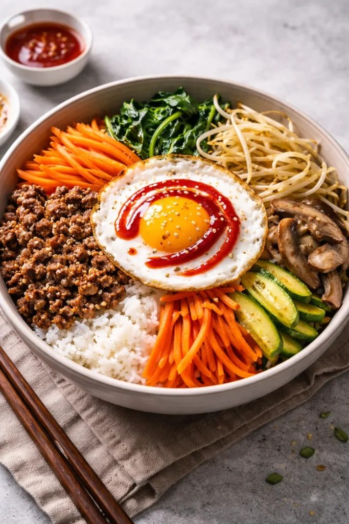 12 Easy Korean Recipes for Weeknight Dinners 7 Bibimbap bowl with rice, vegetables, beef, egg and gochujang