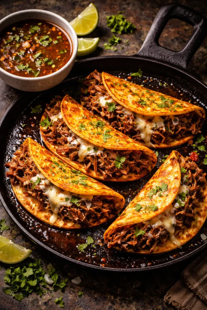 12 Mexican Dinner Recipes for Taco Night 8 Quesabirria tacos with cheese on a skillet with dipping consommé