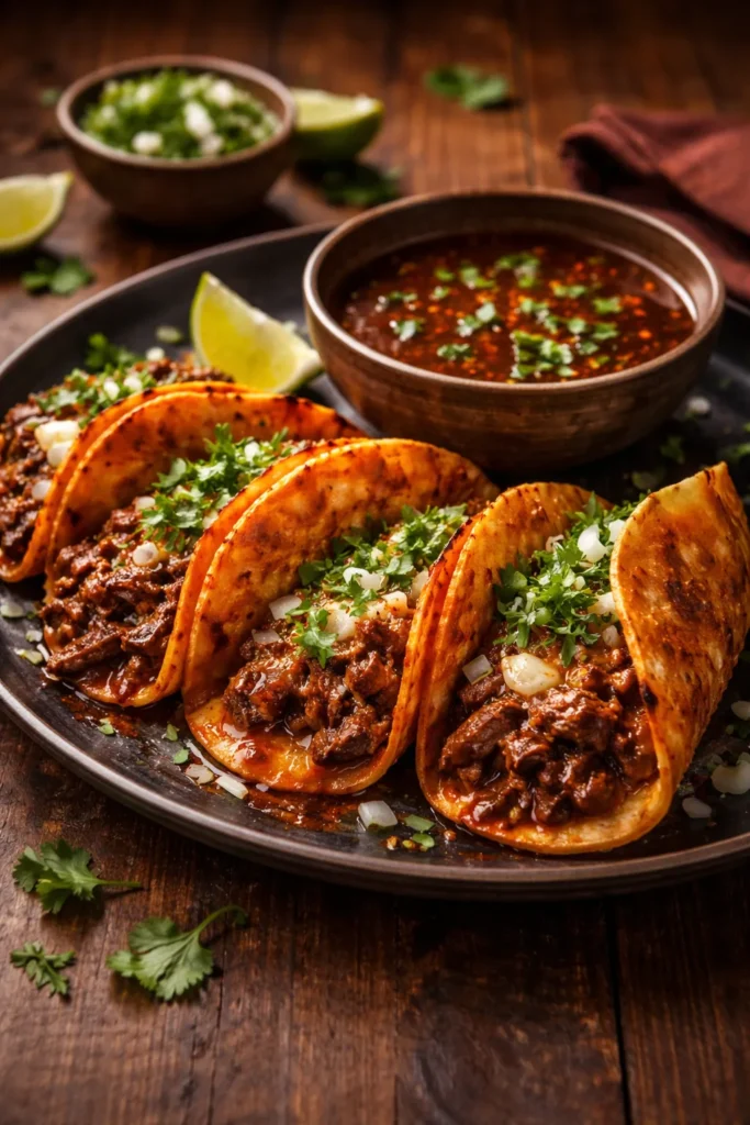 Birria tacos with consomé in a small bowl