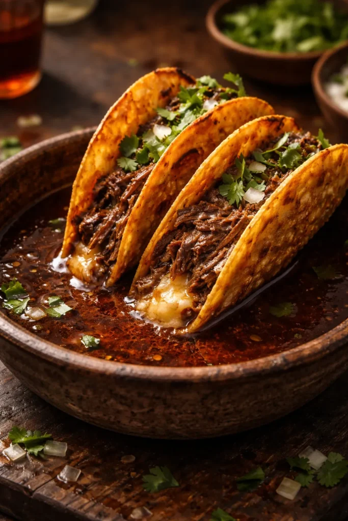 10 Mexican Dishes Worth Making From Scratch 5 Birria tacos dipped in consommé in a rustic setting.