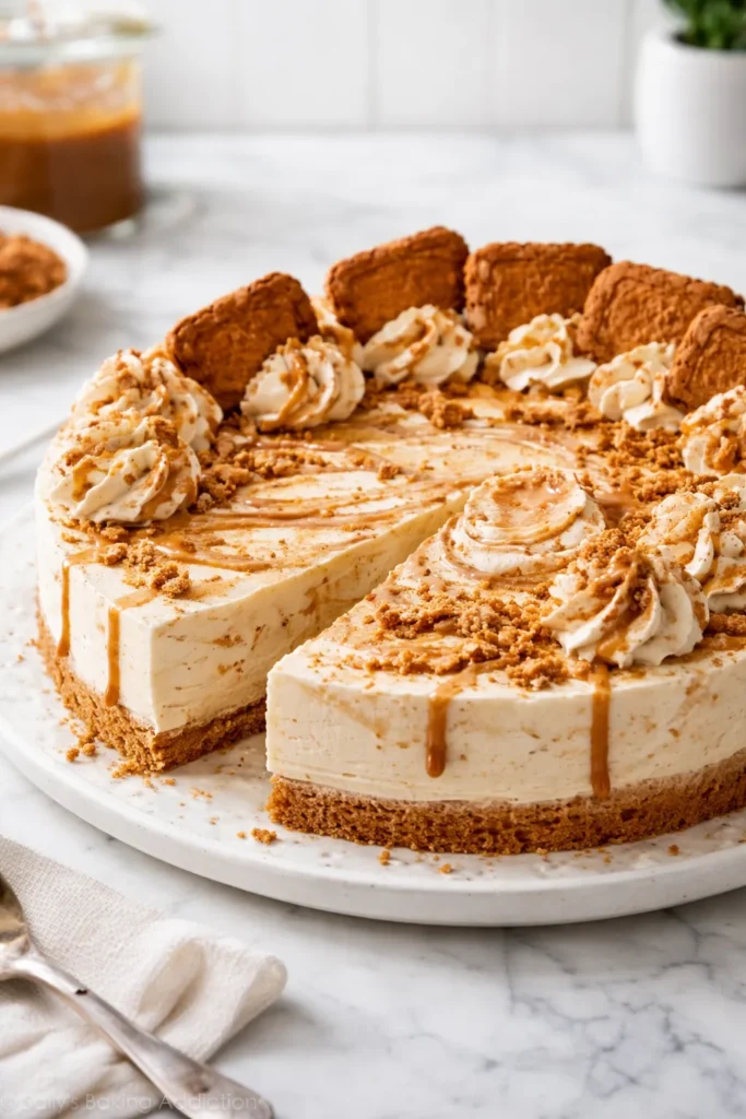 10 No Bake Cheesecakes for Hot Summer Days 7 Close-up of Biscoff Cheesecake with caramel color and cookie crust