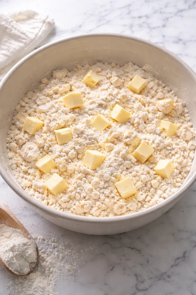 Canned Peach Cobbler That Tastes Fresh 8 Crumbly biscuit dough with cold butter chunks in flour