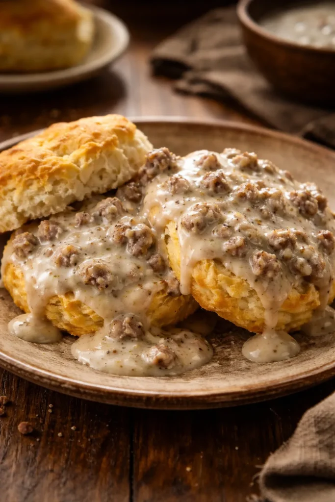 Close-up of flaky biscuits with sausage gravy on a rustic wood surface