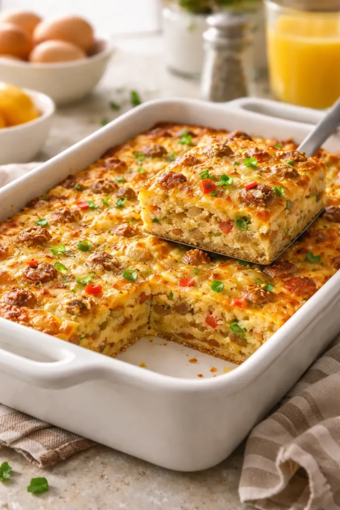 Top view of Bisquick Breakfast Casserole in a rectangular dish
