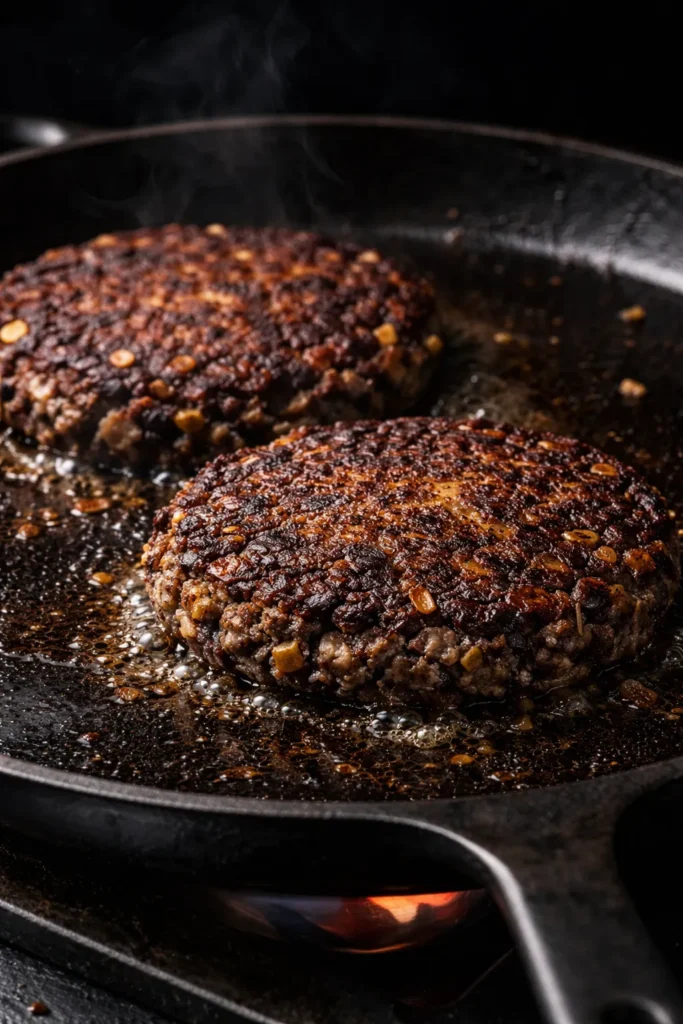 8 Vegetarian Dinners That Fill You Up 5 Two black bean smash burgers cooking on a skillet