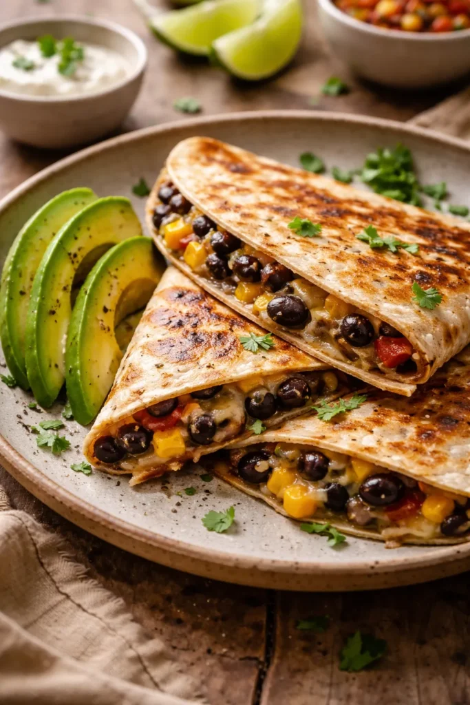 Close-up of folded quesadilla with melted cheese and black beans, avocado slices on the side