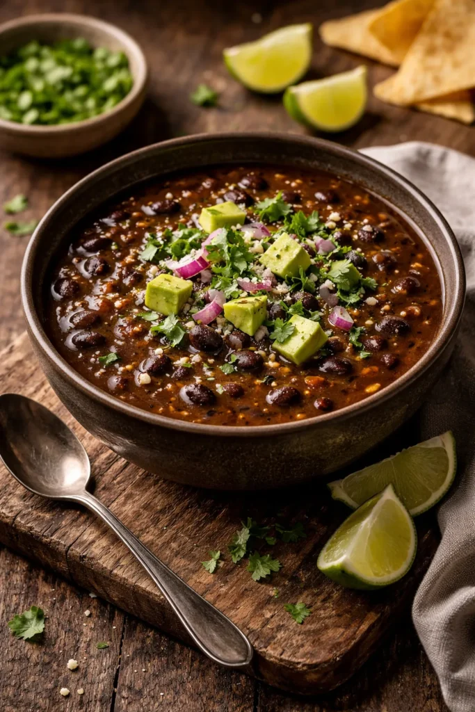 10 Homemade Soup Recipes for Any Season 10 Thick black bean soup in a dark bowl with rich texture
