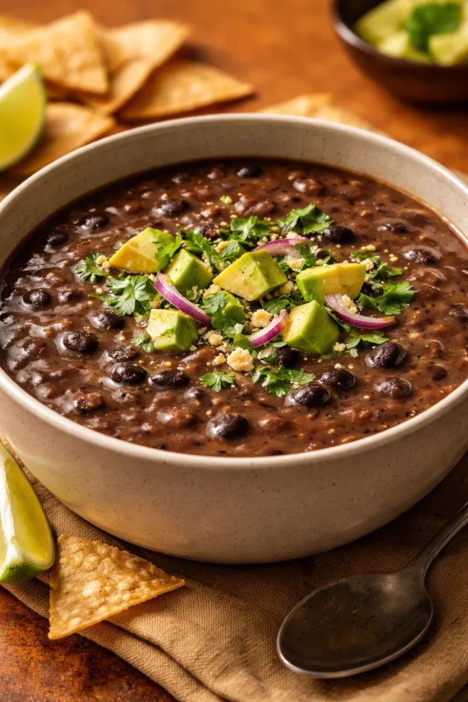 Thick black bean soup in a bowl with visible whole beans
