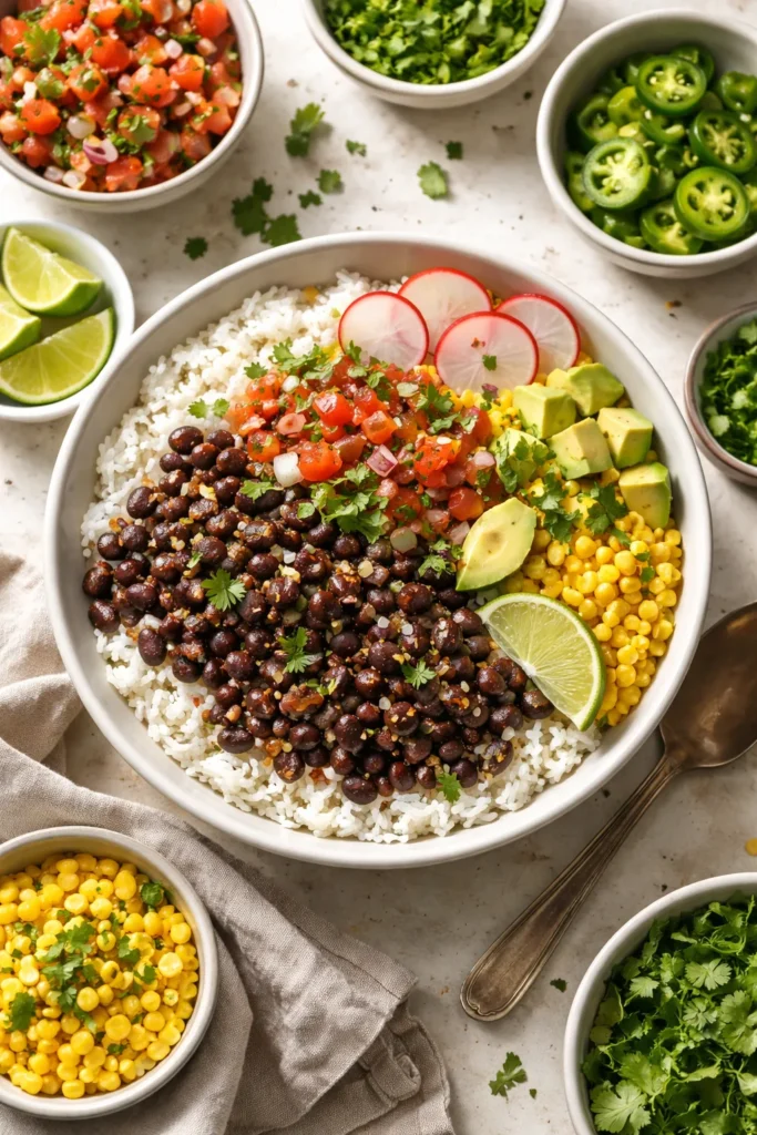 10 Cheap Family Dinners Everyone Eats 10 Top-down bowl of black beans over rice with colorful toppings