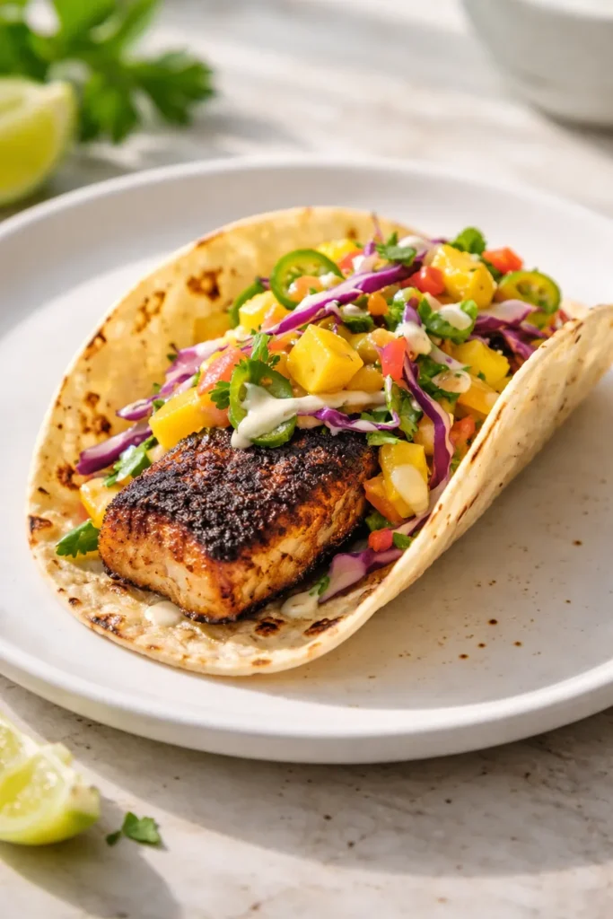 8 Easy Fish Taco Recipes for Taco Night 8 Single blackened fish taco with mango slaw on plate