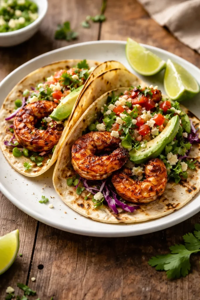 Close-up of two blackened shrimp tacos on a white plate