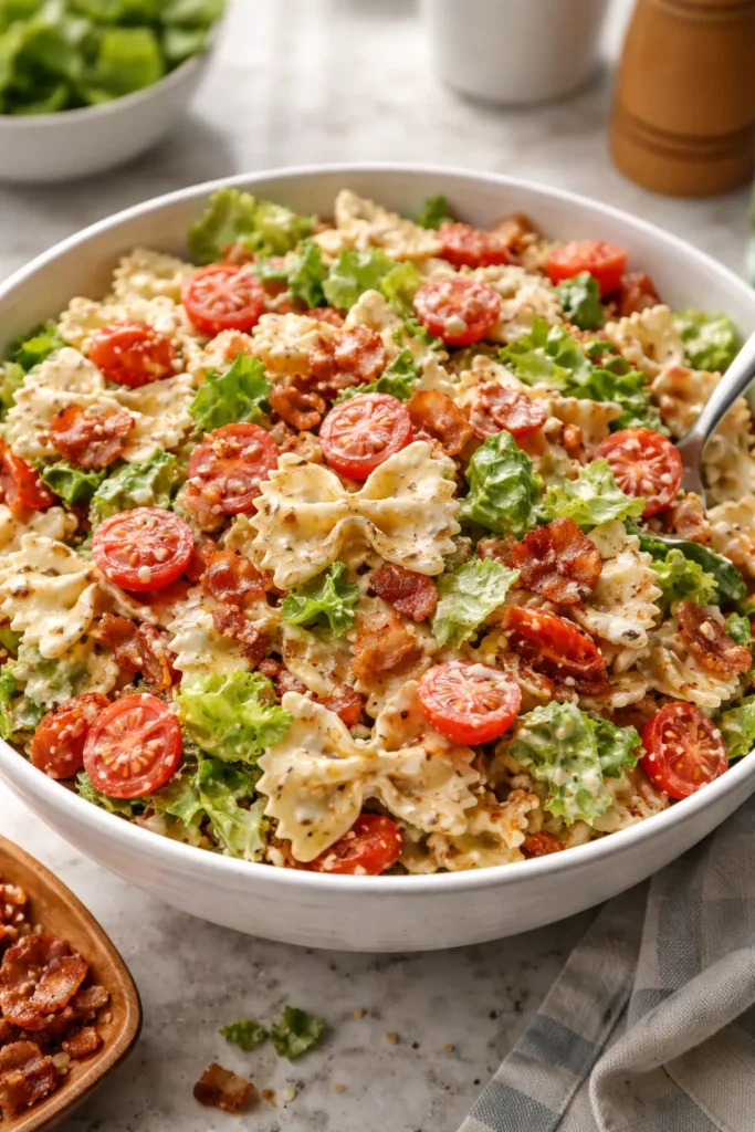 8 Pasta Salad Recipes for Your Next Cookout 3 BLT-inspired pasta salad with bacon, tomato, lettuce and ranch dressing