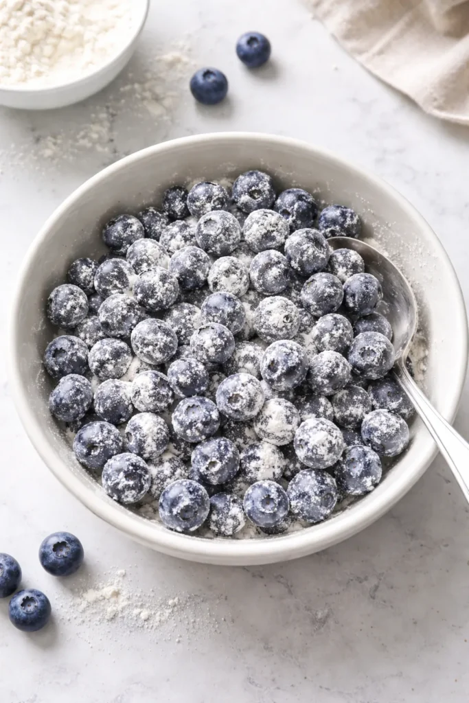 Blueberries coated in flour in a white bowl ready to be folded into batter